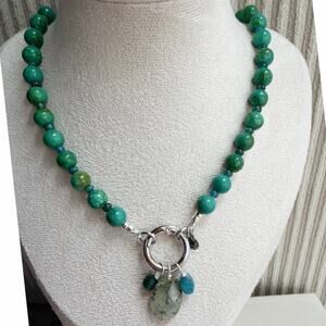 19" Beaded Gemstone Necklace, Green Turquoise Mangasite, Apetite, Moss Agate
